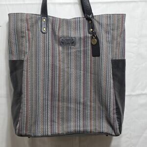 Pistil Woven Tote Bag Boho Striped Canvas Leather Trim Large Shoulder Bag